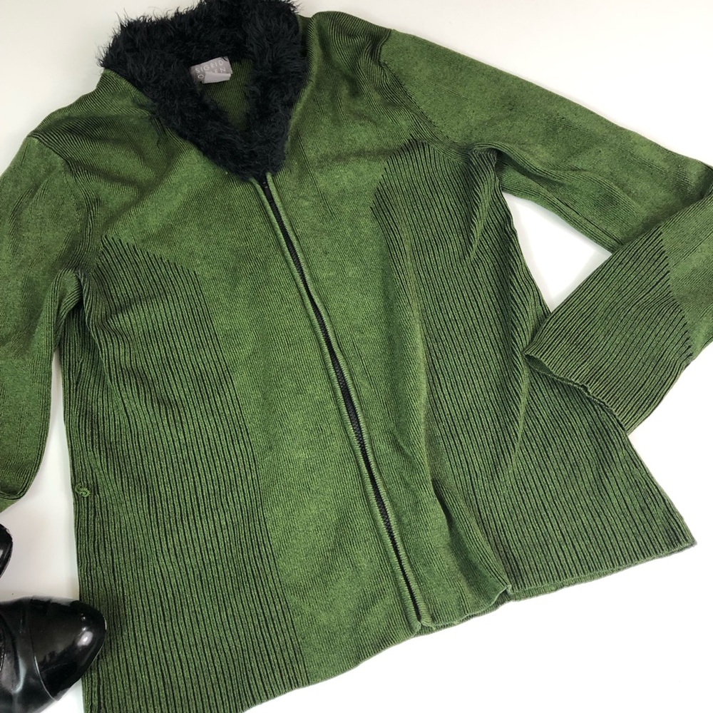 Sigrid Olsen Fuzzy Green Zip Up Knit Cardigan M